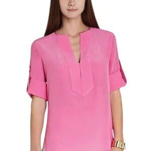 BCBGMAXAZRIA 'Emmalise' Berry Blush Roll Tab Sleeve Silk Blouse: Size M